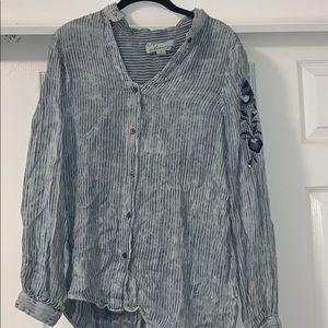 Blue stripe flannel with embroidery sleeve